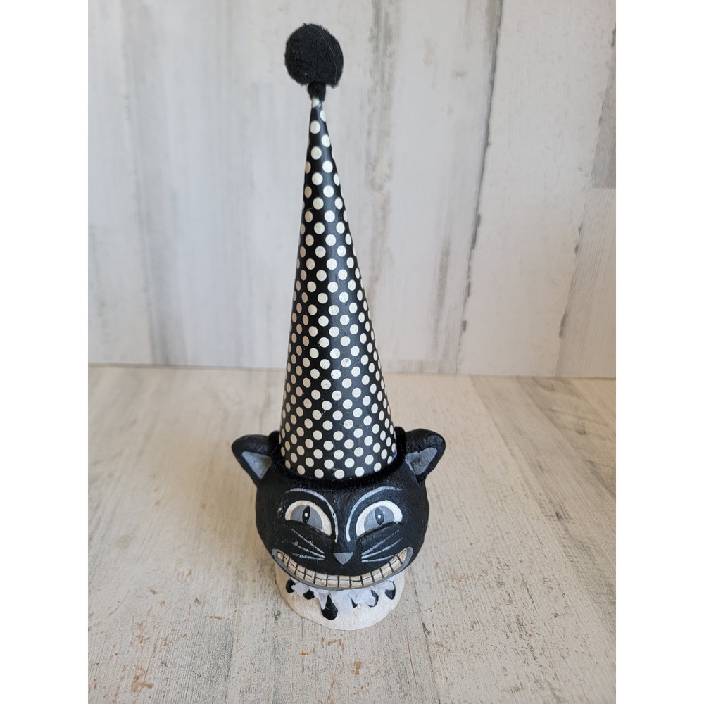 Vintage paper mache clown hat black jester cat Halloween unique home decor